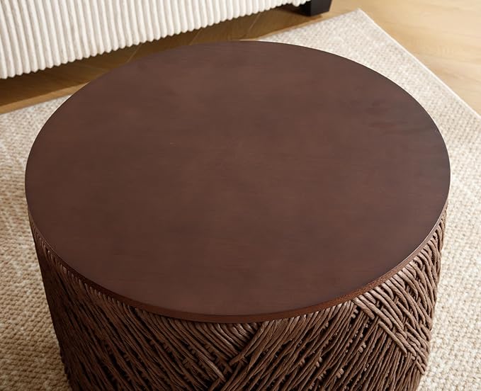 chairus Nesting Coffee Table Set of 2 Woven Round Coffee Table with Storage Solid Wood Side Table for Small Spaces, Living Room, Bedroom, Office, Dark Brown-NeatNest