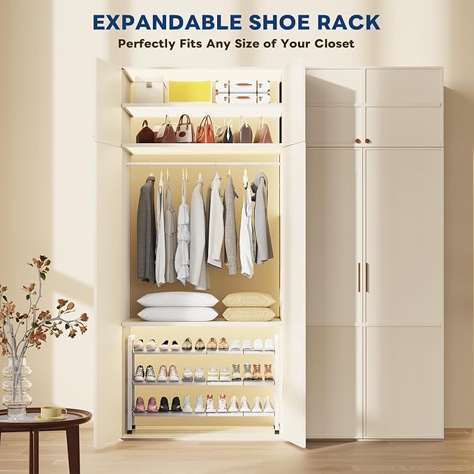 Mavivegue 3-Tier 19"-43.3" Adjustable Shoe Rack for Closet,Expandable Shoe Rack, Hall Entryway,Front Door,Garage, Sturdy Steel Space-Saving Rack, White-NeatNest