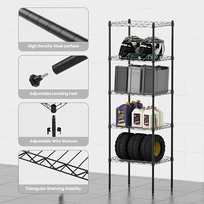 5 Tier Shelves, 16.9"x 13"x 53.9" Utility Rack Shelf, Metal Storage Shelving, Adjustable Wire Shelving Units, Heavy Duty Storage Organizer for Garage Laundry Office, Black
