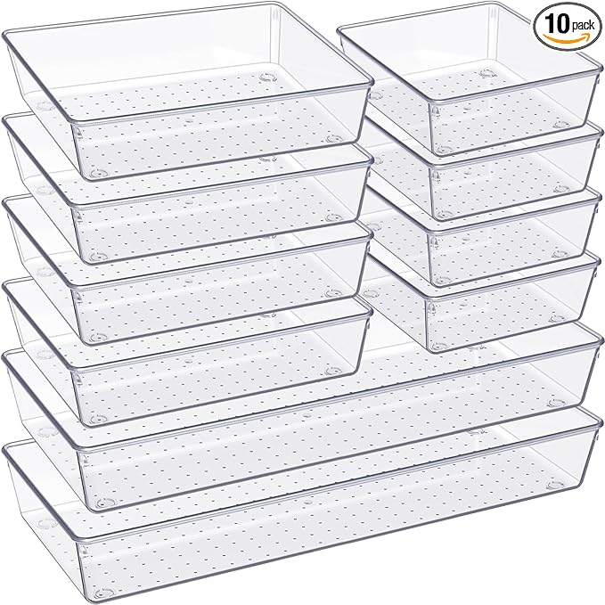 Criusia Drawer Organizer, 10 Pack Large Clear Plast Set, 3 Size Versatile Bathroom and Vanity Organizer Trays, Storage Bins for Makeup, Bedroom, Kitchen Utensils-NeatNest