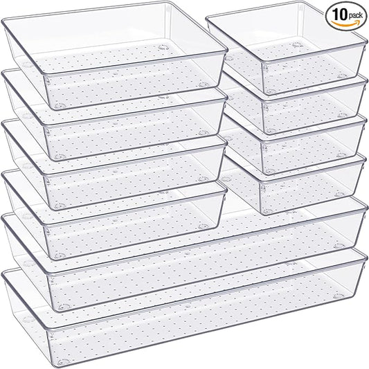 Criusia Drawer Organizer, 10 Pack Large Clear Plast Set, 3 Size Versatile Bathroom and Vanity Organizer Trays, Storage Bins for Makeup, Bedroom, Kitchen Utensils-NeatNest