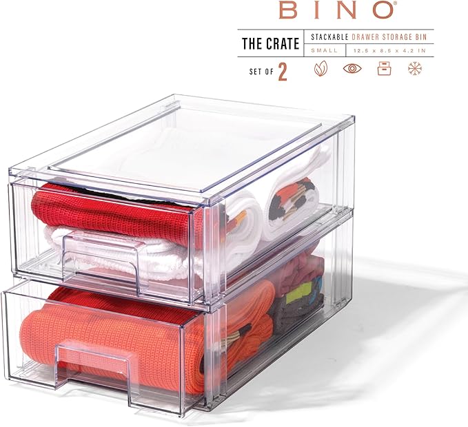 BINO | Stackable Storage Drawers, Small - 2 Pack, Clear | THE CRATE COLLECTION | Storage Bins With Drawers | Bathroom Organizers | Under Sink Organizer | Vanity Cabinet Home Organization-NeatNest