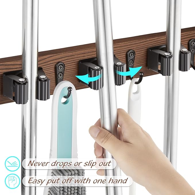 2 Pack Mop Broom Holder Wall Mount with 3 Slots & 4 Hooks - Rustic Wood Broom Mop Hanger for Pantry Kitchen Organization - Garden Tool Organizer for Closet Laundry Room-NeatNest