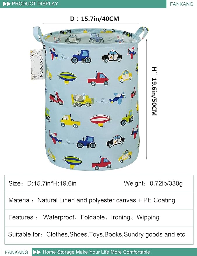FANKANG Storage Basket, Nursery Hamper Canvas Laundry Basket Foldable with Waterproof PE Coating Large Storage Baskets for Kids Boys and Girls, Office, Bedroom, Clothes,Toys(Car)