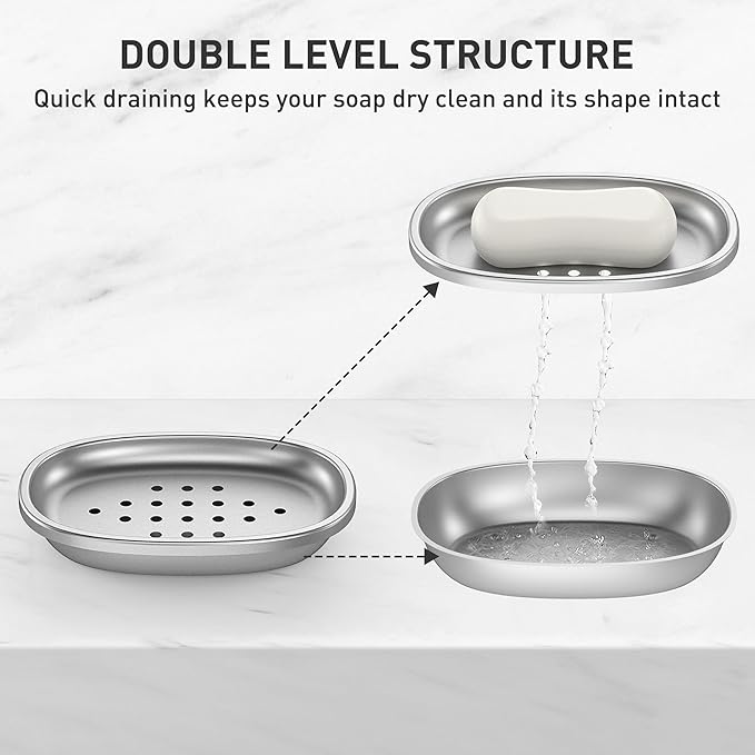 Double Layers Metal Soap Dish,Stainless Steel Soap Holder with Draining Tray for Bathroom Shower, Kitchen Sink, Highly Reliable and Durable-NeatNest