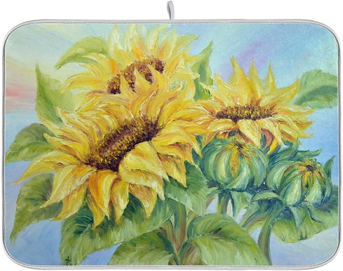 Absorbent Dish Drying Mat for Kitchen Counter - Oil Painting Sunflower Microfiber Drying Pad, Reversible Drainer Mats for Countertop, Small 16" x 18"