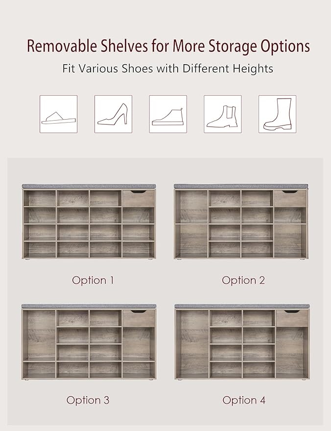 DINZI LVJ Shoe Bench, Entryway Storage Bench with Drawer and 15 Cubbies, Cubby Shoe Rack with Adjustable Shelves, Shoe Organizer Cabinet for Living Room, Bedroom, Mudroom, Closet and Garage, Greige-NeatNest