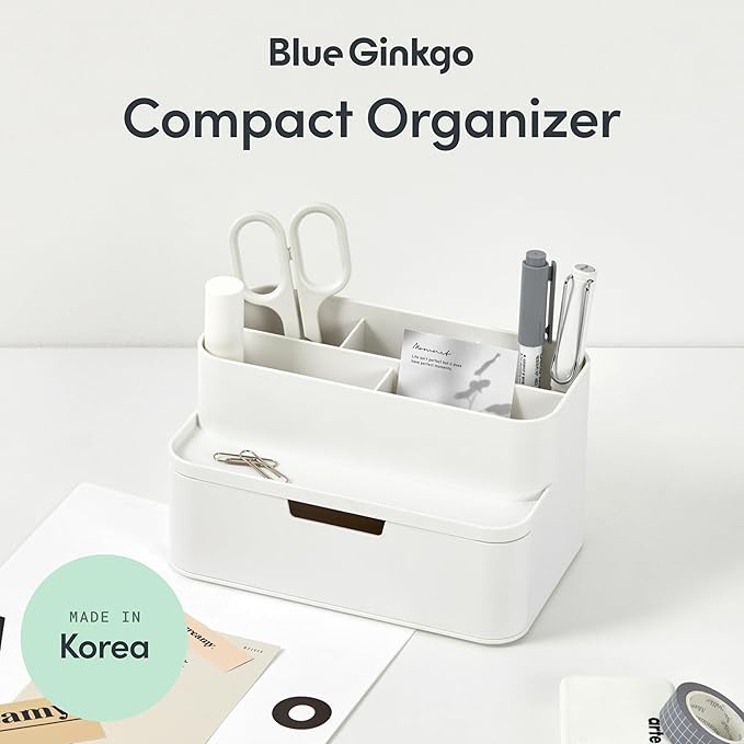 BLUE GINKGO Compact Desk Organizer – Small 5-Compartment, Half Drawer Storage – Pen Holder, Stationery Organizer for Desktop, Vanity, Shelf (Made in Korea, White)-NeatNest