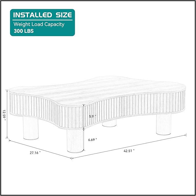 kevinplus 42.52'' Black Wood Coffee Table Modern Coffee Table for Living Room, Contemporary Irregular Drum Curved Handcraft Coffee Table with Strong Legs, Easy Assembly, Black