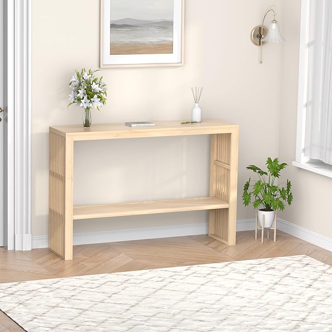 Bamboo Wood Entryway Table 47.2" Console Table, 2-Tier Farmhouse Narrow Sofa Table with Grille-Inspired Sides Easy Assembly for Entrance, Hallway, Living Room, Bedroom, Foyer(Natural)-NeatNest