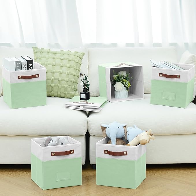 6-Pack Collapsible Fabric Storage Cubes with Handles & Label Holders, Closet Cube Home Organizer Bins (White/Sage Green, 10.5*10.5*11 inch)