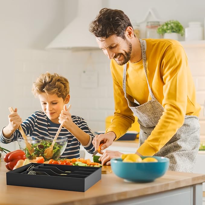 Bellsal Black Utensil Organizer 10 Inch Silverware Tray for Utensil Holder Cutlery Organizer Kitchen Drawer Organizer 5 Compartment Small Narrow Bamboo-NeatNest