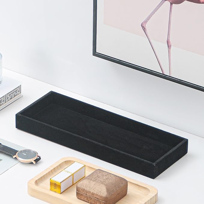 Divided Drawer Organizer Tray, Velvet Jewelry Storage Tray, Necklace Bracelet Ring Earring Display Tray,Bedside Nightstand Desk Holder Tray for Phone Watch Sunglasses Cosmetics Storage/Black/1grid-NeatNest
