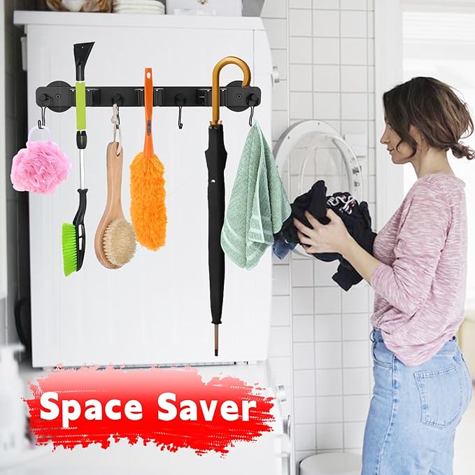 Magnetic Mop Broom Holder,Heavy Duty Movable Magnetic Wall Mount Tool Racks,No Drilling Utility Storage Shovel Hanger for Garage,Closet,Garden,Kitchen,Laundry (4 Hooks 3 Grippers,Black)-NeatNest
