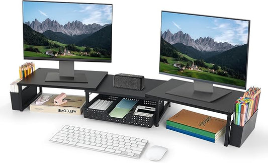 Desk Dual Monitor Stand Riser - Desk Organizer with Drawer and Pen Holders, Office Desk Accessories & Workspace Organization, Computer Monitor Stand for Laptop, Printer, TV(BLACK)-NeatNest