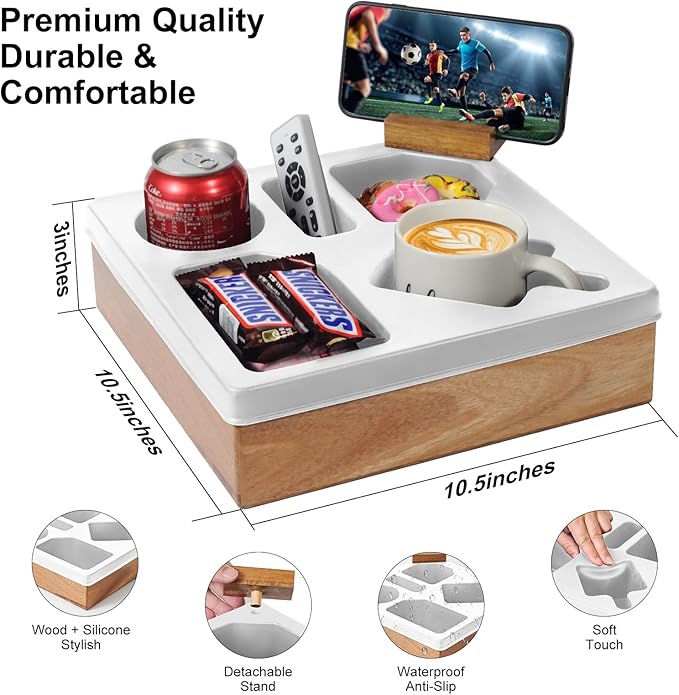 Couch Cup Holder Tray – Spill-Proof Wooden Sofa Arm Organizer with Silicone Insert for Snacks, Drinks, Remote, and Phone, Waterproof Couch Caddy for Bed, Car, RV, Living Room (White)-NeatNest