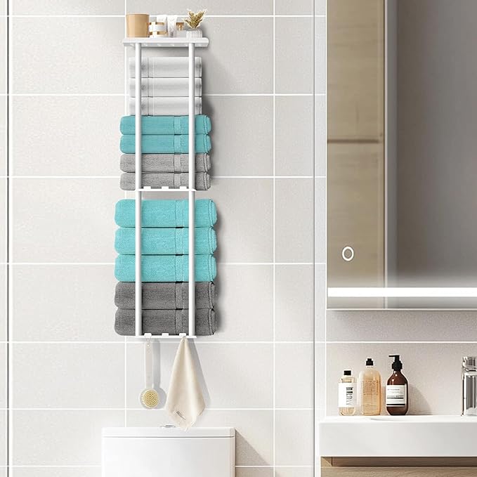 Towel Racks for Bathroom, 36.6 inch Metal Towel Storage, 8 Large Bath Towels Capacity, 3-Tier Towel Holder for Bathroom, with Shelf & 6 Hooks, Wall Mounted Towel Rack for Rolled Towels, White