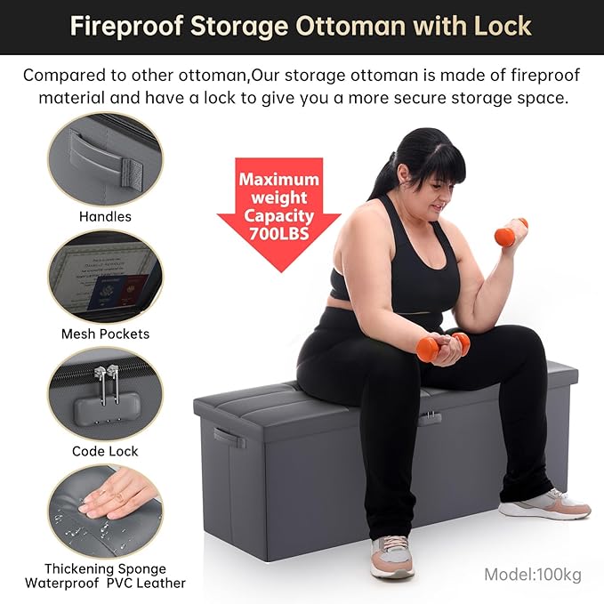 DocSafe Storage Ottoman Bench, Fireproof&Waterproof Folding Bench with Lock(15”x 43”x15”), Leather Storage Chest with Handles&2 Extra Boxes, Ottoman Safe for Bedroom,Living Room,Home Office, Gray-NeatNest