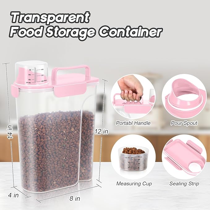 Dog Food Storage Container, Upgraded Large Nozzle BPA-free, 8-12 LBS Plastic Pet Food Storage Containers, With 4 Sealed Clasps, 1 Measuring Cup and Handle (2, Light Pink (3L+5L), (3L+5L))-NeatNest
