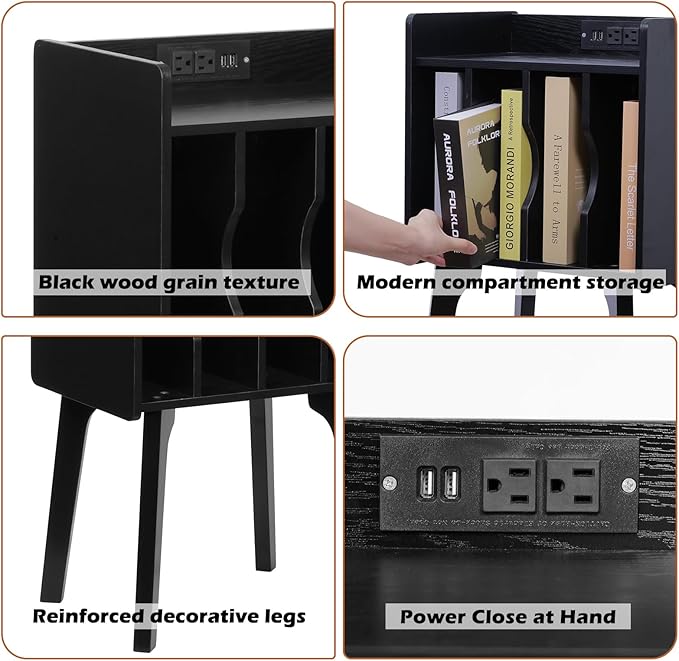 EOYUTLLY Mid Century Modern Nightstand End Table Side Table with Storage ,Wood Small Side Coffee Table for Living Room and Bedroom,Black (with Socket, Black)