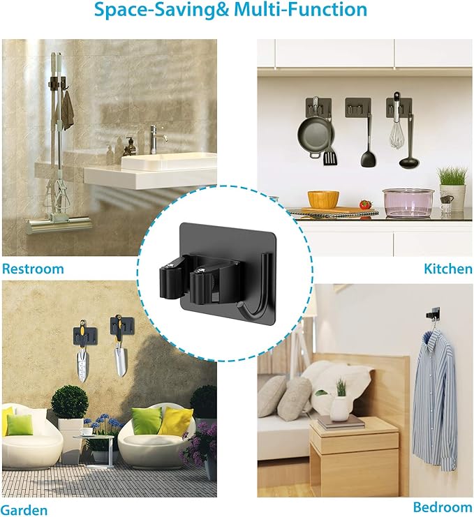 Mop Broom Holder No Drill, Mop Broom Organizer Wall Mounted Heavy Duty with Hooks Hanger, Self Adhesive Stainless Steel 4Pcs for Bathroom, Kitchen, Office (Black)-NeatNest
