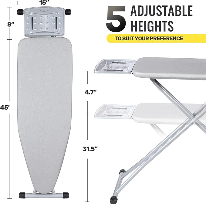 oleaf Ironing Board Full Size 54" x 15",Extra Wide&Long,Adjustable Ironing Board with 5 Heights,Stable Legs,Thick 3 Layers Cover,Easy Storage for Home Laundry Hotel Sewing Apartment Use(Large,Gray)