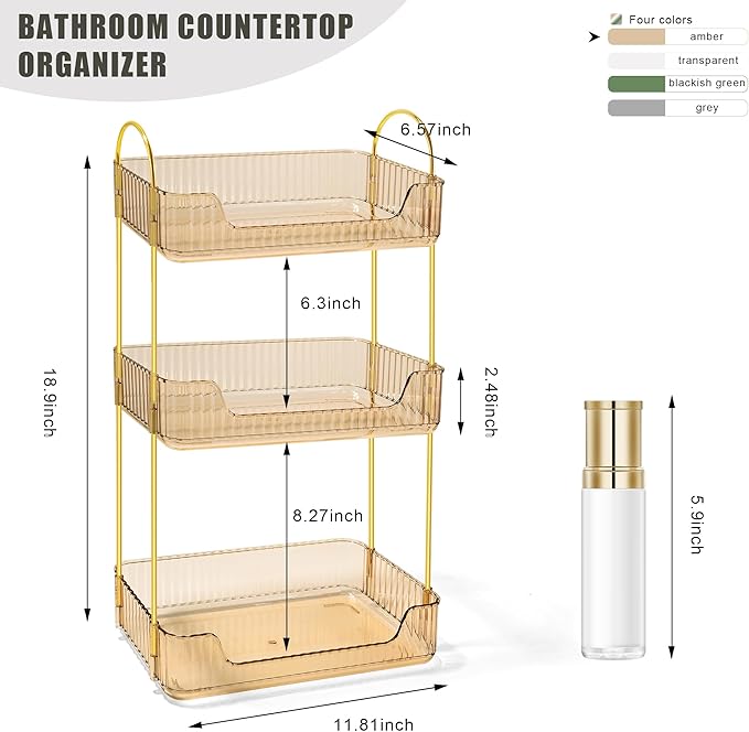 Bathroom Counter Organizer Countertop Storage Skincare Countertop Makeup Organizer Cosmetics Skincare Organizers Holder for Perfume-Amber-Golden Pole-3 Tier-NeatNest