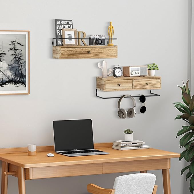 Floating Shelves for Wall Storage, Wall Mounted Bathroom Shelf with Drawers Set of 2, Rustic Wood Wall Shelves for Bedroom, Living Room, Kitchen, Home Decor, Plants, Books-NeatNest