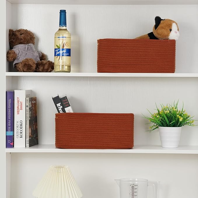 3-Pack Storage Baskets for Organizing | Woven Shelf Toy Basket | Rope Baskets for Gifts Empty | Closet Organizer Bins with Handles | Cube Decorative Box | 13.7×7.1×6.7” | Brick Red-NeatNest
