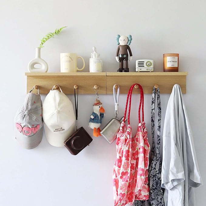 Entrance Coat Rack ,Coat Hooks, Wall-Mounted Wooden Hook Rack, Wall-Mounted Shelves are Very Suitable (Oak Colored Finish-2)