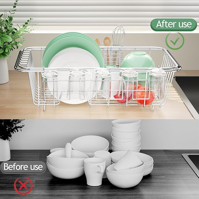 Small Dish Drying Rack in Sink, Extendable Stainless Steel Dish Drainers for Kitchen Counter, Anti-Rust Dish Dryer Rack with Utensil & Cup Holders, for Inside Sink, Over The Sink(for 1-2 People)