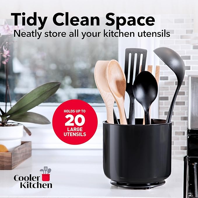 Extra Large Sturdy Rotating Black Utensil Holder Caddy with No-Tip Weighted Base, and Gripped Insert - Rust Proof and Dishwasher Safe Kitchen Utensils Holder-NeatNest