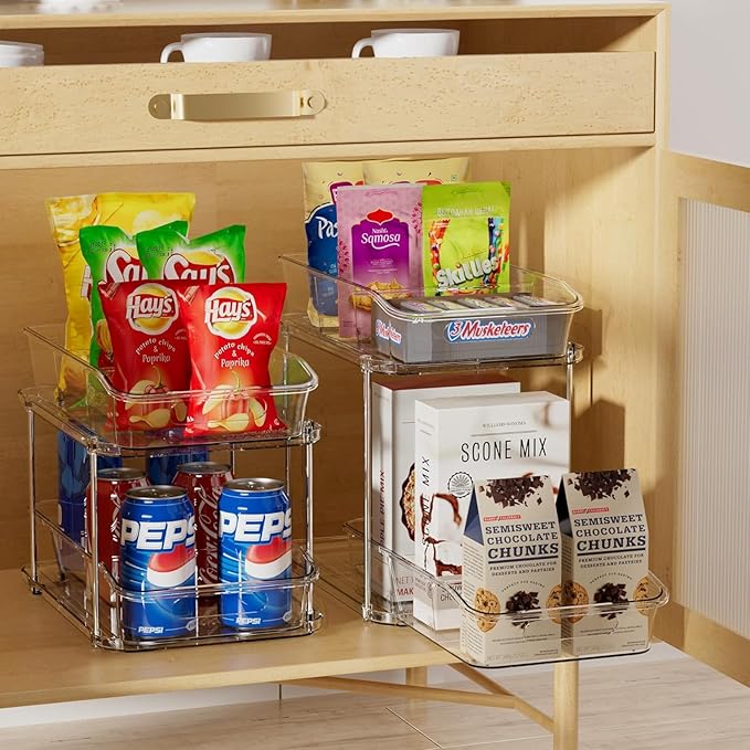 Delamu 2 Sets of 2-Tier Clear Under Sink Organizers and Storage, Multi-Purpose Stackable Bathroom Cabinet organizers, Pull Out Kitchen Pantry Organization and Storage with Dividers-NeatNest