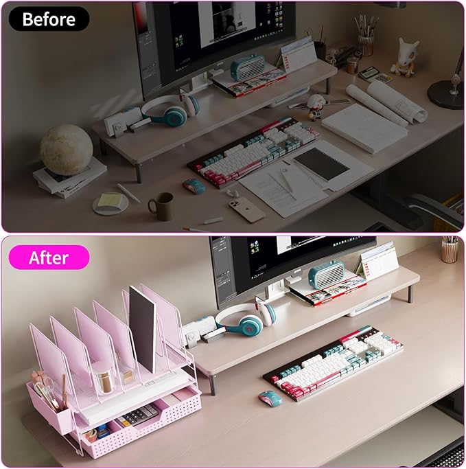 Desk Organizer, Office Organization with Vertical File Holder, File Organizer with Drawer and Pen Holder, Desk Accessories and Workspace Organizers for Home Office (Pink)-NeatNest
