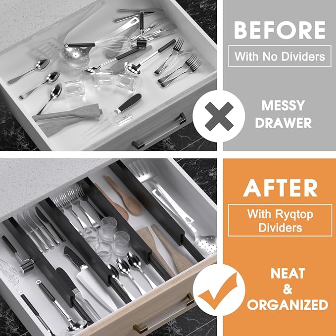 Bamboo Drawer Dividers Organizers, Kitchen Drawer Organizer, Adjustable Drawer Divider for Clothes, Kitchen, Dresser, Bedroom, Bathroom and Office, 4-Pack (Black, 12-17 IN)-NeatNest