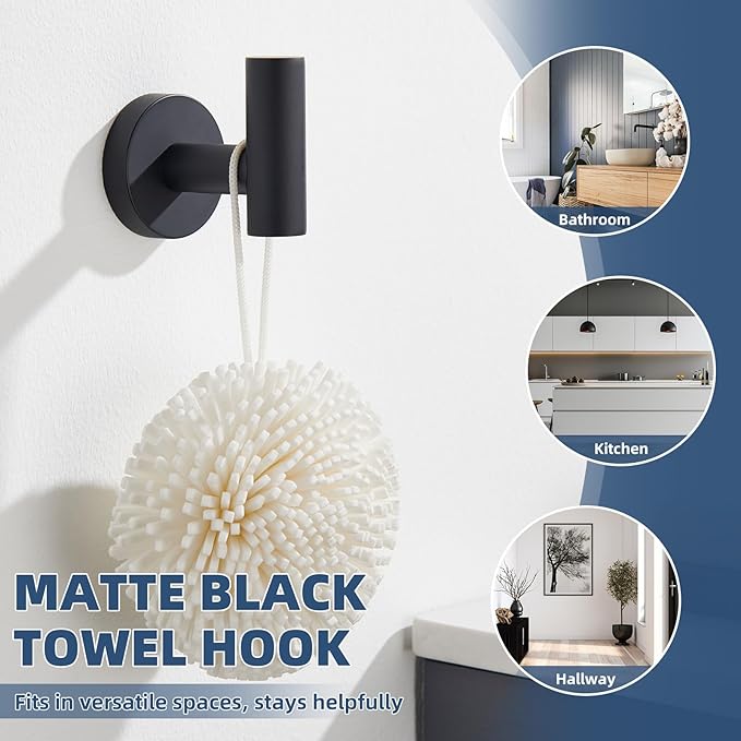 APLusee Towel Coat Hook Matte Black, 304 Stainless Steel Robe Hook, Bath Kitchen Contemporary Wall Mounted