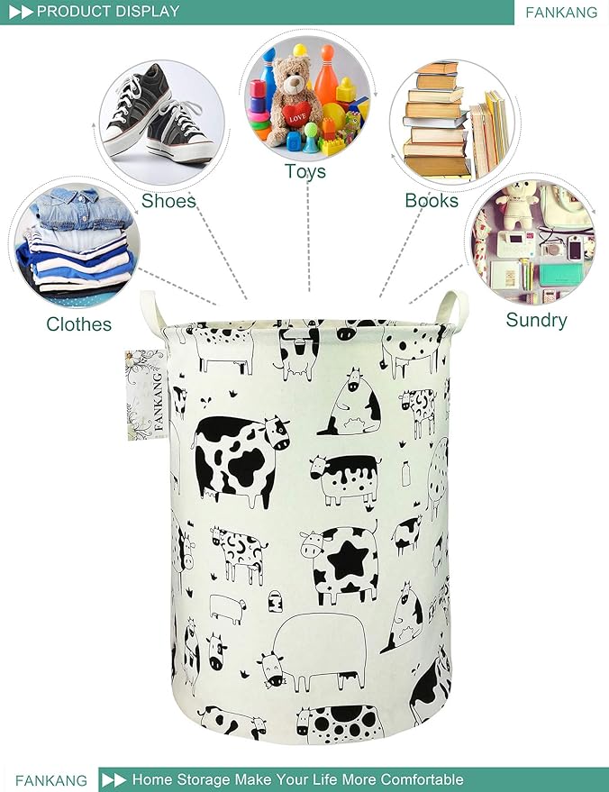 FANKANG Storage Basket, Nursery Hamper Canvas Laundry Basket Foldable with Waterproof PE Coating Large Storage Baskets for Kids Boys and Girls, Office, Bedroom, Clothes,Toys(Cows)