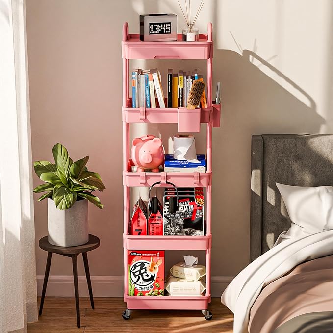 5 Tier Rolling Cart Organizer,Bathroom Cart Organizers with Wheels Laundry Room Organization Mobile Shelving Unit Utility Cart Storage Shelves Multi-Functional for Office, Home(Pink)-NeatNest