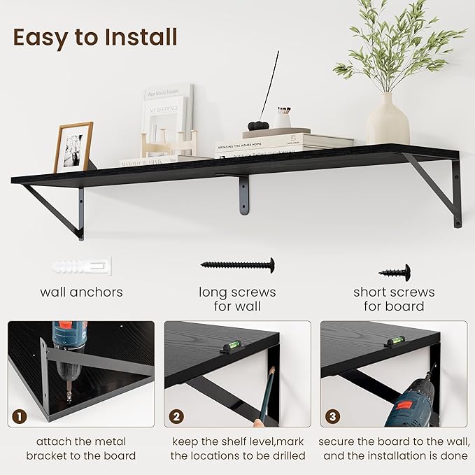 Fun Memories Deep Floating Shelves for Wall, 48W x 8D Wall Mounted Shelves Set of 2, Wide Display Ledge Shelf with Sturdy Metal Brackets for Living Room, Bathroom, Bedroom and Kitchen, Black-NeatNest