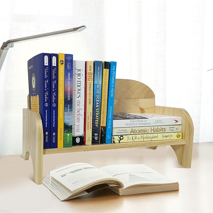 Couch-Style Desktop Bookshelf Organizer - Natural Wood Desk Top Bookshelf for Books, CDs, Magazines, Space-Saving for Home Office/Dorm (1, Rectangular)-NeatNest