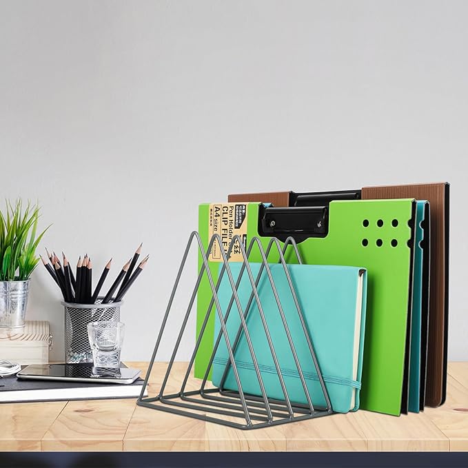 EASEPRES Vinyl Record Holder Storage, 9 Slot Metal Magazine Book Album Display Rack, Stylish Triangle Desktop File Sorter Organizer for Home Office, Grey