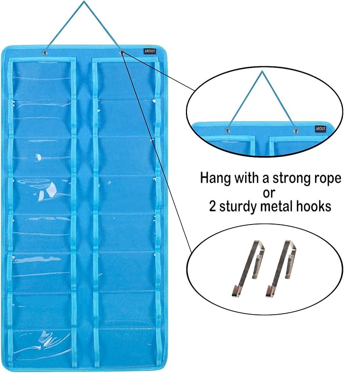AROUY Sunglasses Organizer Storage - Hanging Dust Proof Wall Pocket With 16 Felt Slots, Metal Hook and Sturdy Rope (Light Blue)-NeatNest