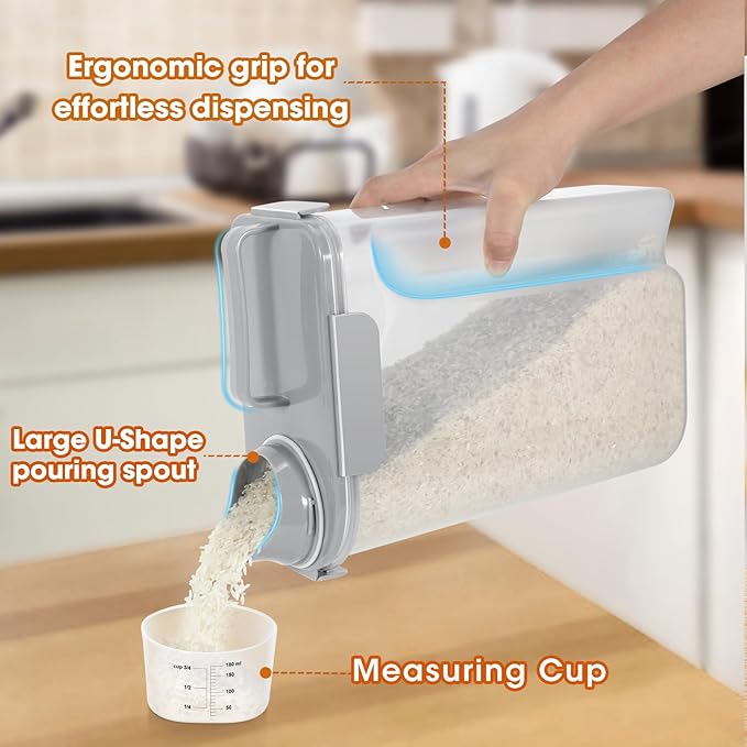 Dog Cat Food Storage Container, 5-7 Lbs Airtight Pet Food Storage Container with Easy-Pouring Spout and Portable Handle, Bird Seed Dispenser, Kitchen Organizer for Rice Cereal Flour -Light Grey-NeatNest