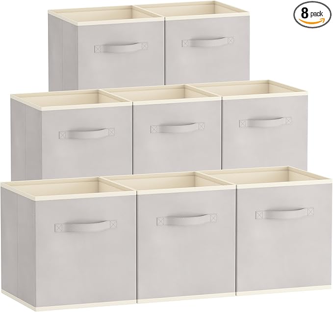 Lifewit 13 Inch Cube Storage Bins, 8 Packs Storage Cubes Foldable Decorative Fabric Storage Baskets for Organizing Home Organizers with Handles for Shelves, Closet, Light Gray-NeatNest
