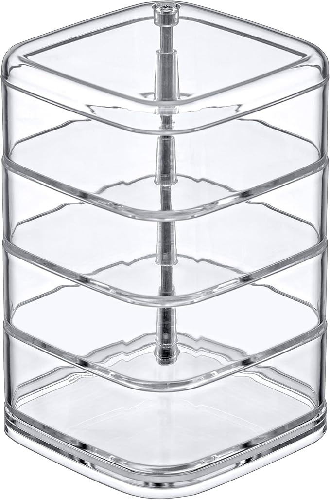 Amazing Abby - Inspire - 4-Tier Acrylic Hair Accessories Organizer with Lid, Plastic Jewelry Holder, Rotating Makeup Accessories Container, Beauty Supply Storage, Clear, Square (4.5" x 4.5")