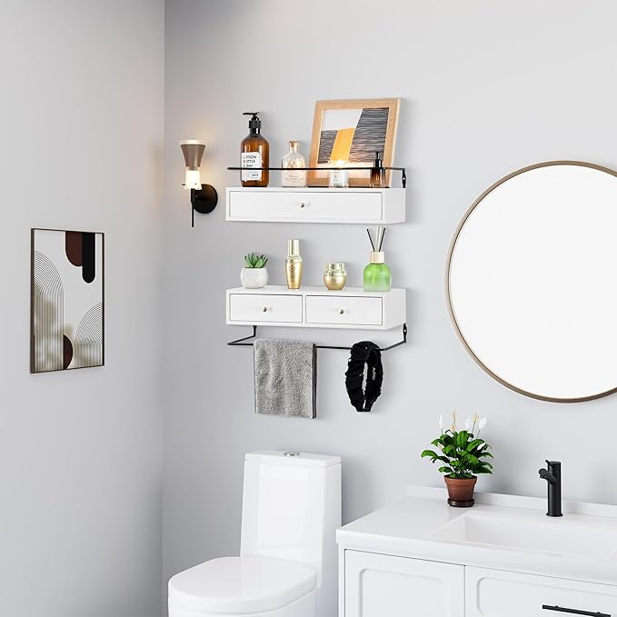 Floating Shelves for Wall Storage, Wall Mounted Bathroom Shelf with Drawers Set of 2, Rustic Wood Wall Shelves for Bedroom, Living Room, Kitchen, Home Decor, Plants, Books-NeatNest