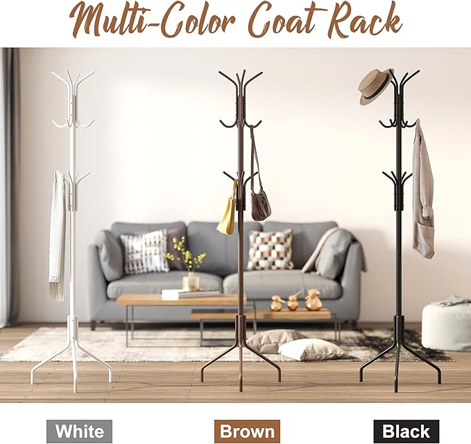 FILWH Coat Rack Freestanding Coat Tree Standing Hat Hanger Jacket Organizer Rack Metal,18.3" L x 18.3" W x 71.5" H,White-NeatNest