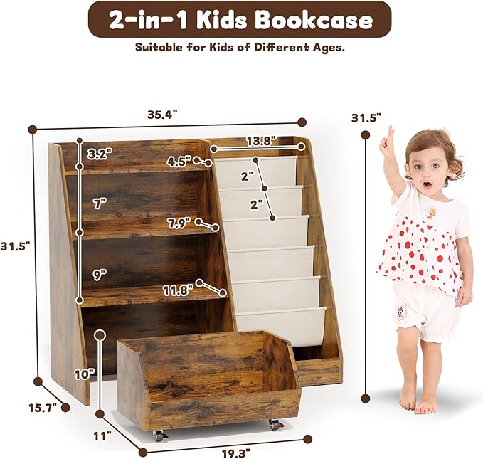COZPAW Kids Bookshelf and Toy Storage, 4 Tier Toddler Bookshelf with Movable Drawer 5 Sling Pockets, Montessori Book Shelf for Kids Room, Playroom, Nursery (Brown)-NeatNest