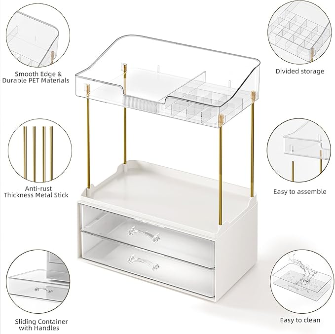 4-Tier 2-Drawer Bathroom Organizer Counter Organization, Multi-Purpose Makeup Skincare Organizers with Compartment, Easy to Install, Exquisit Vanity Shelves, Clear
