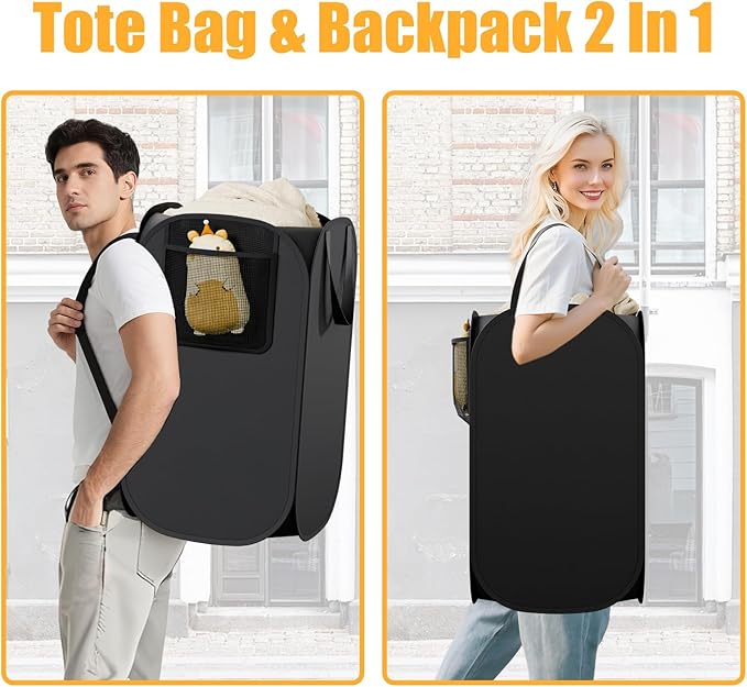 2 Pack Collapsible Backpack Laundry Bag Made by Strong Polyester Oxford Cloth, 76L Heavy Duty Large Hamper with Adjustable Shoulder Strap, Foldable Basket with Mesh Pocket for Dorm, Travel, Apartment-NeatNest